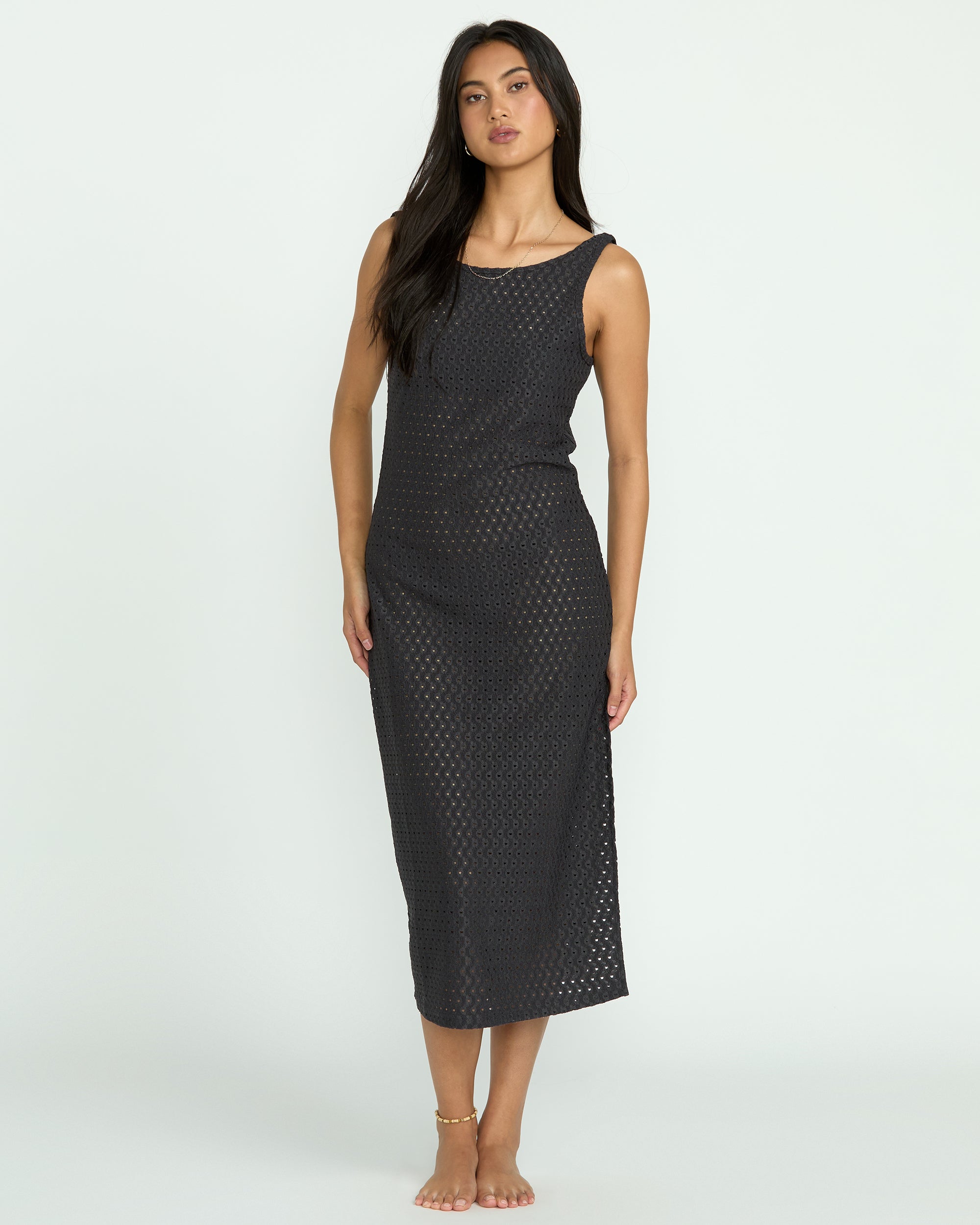 Eyelet Sun Midi Dress Beach Coverup - Off Black - Image 2