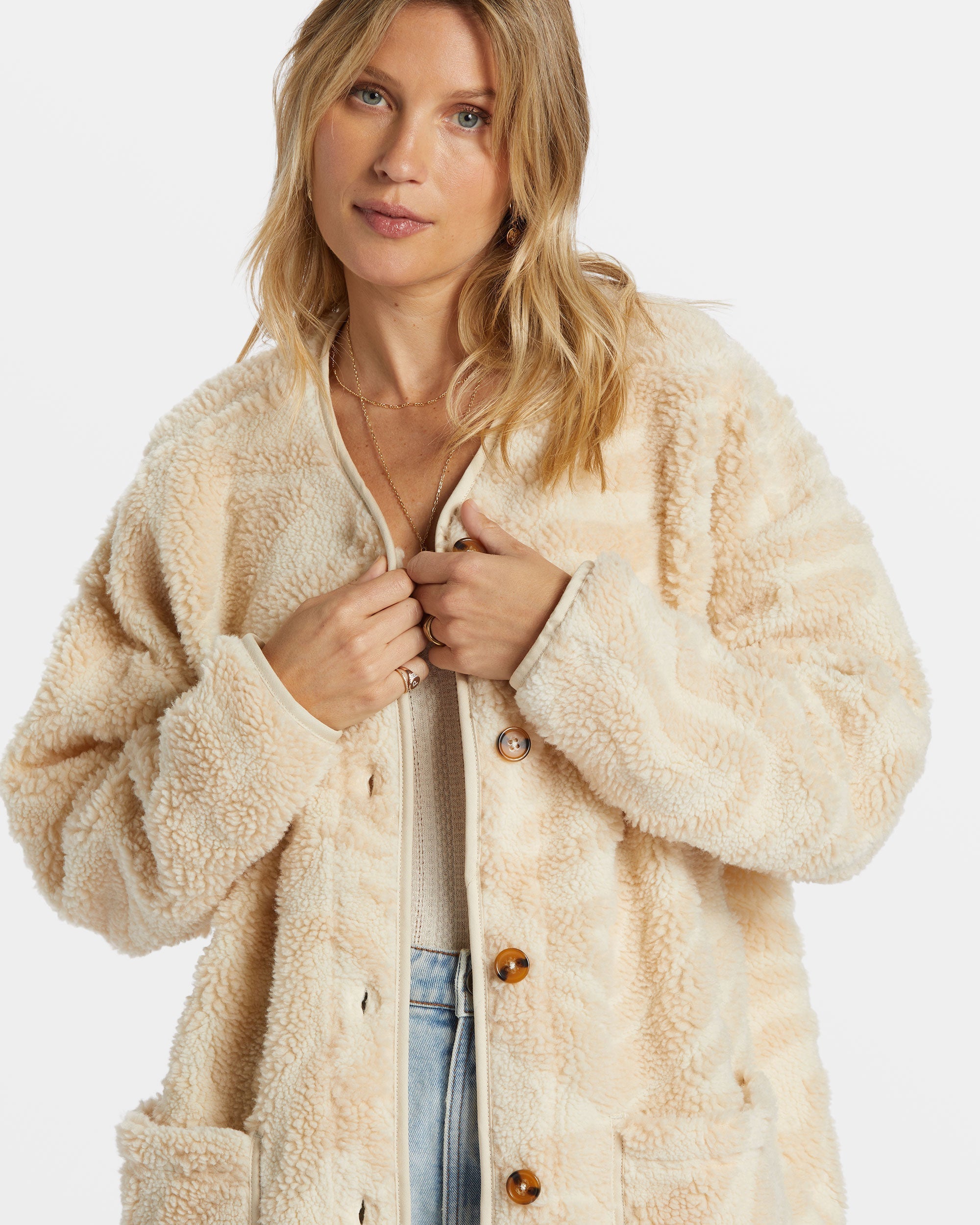 Fireside Cozy Buttoned Fleece Jacket - White Cap - Image 2