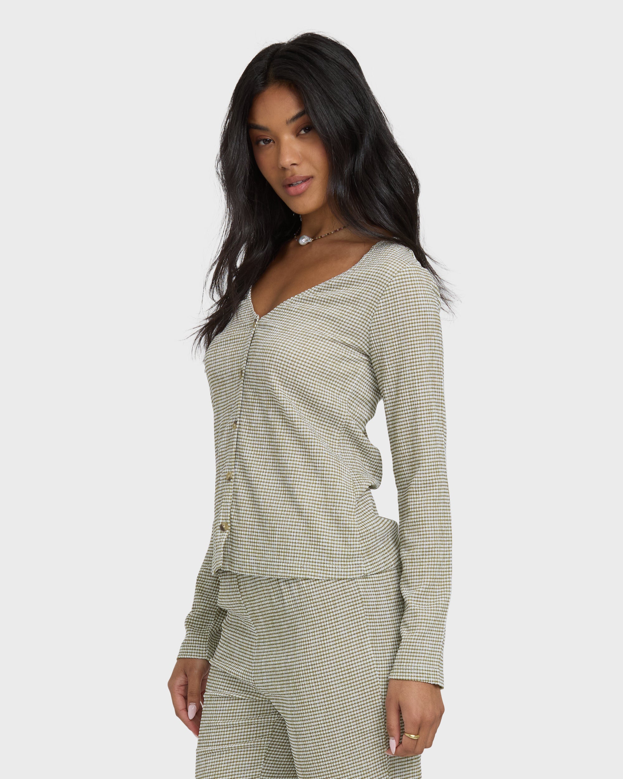 Hot Check Long Sleeve Knit Top - Martini Olive - Image 5